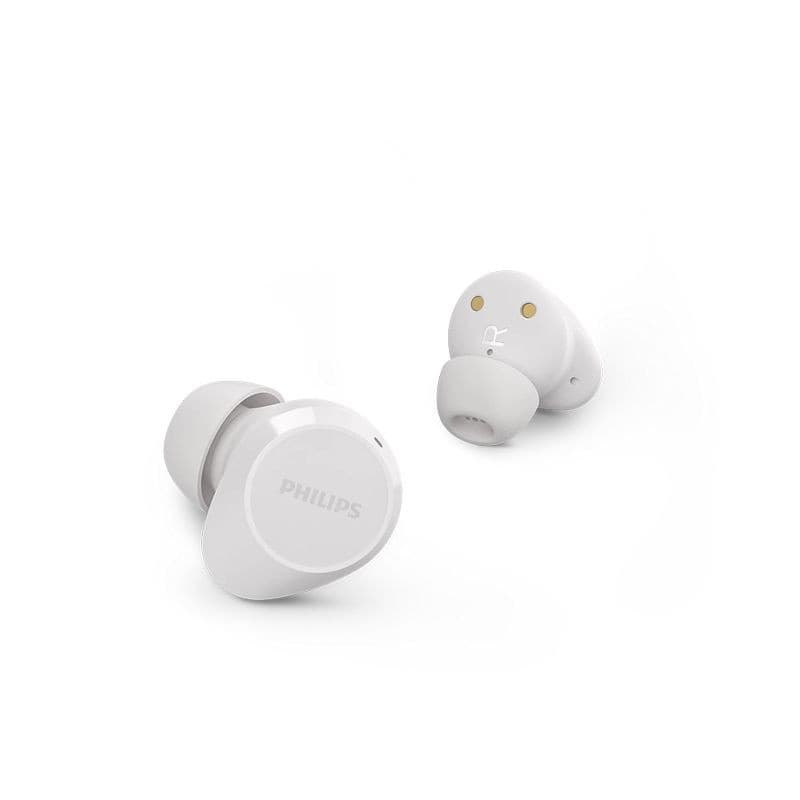 Philips TAT1209WT/00 Blanco - Auriculares inalámbricos compactos, diseño ergonómico intrauditivo, acabado brillante, puertos de carga dorados visible en