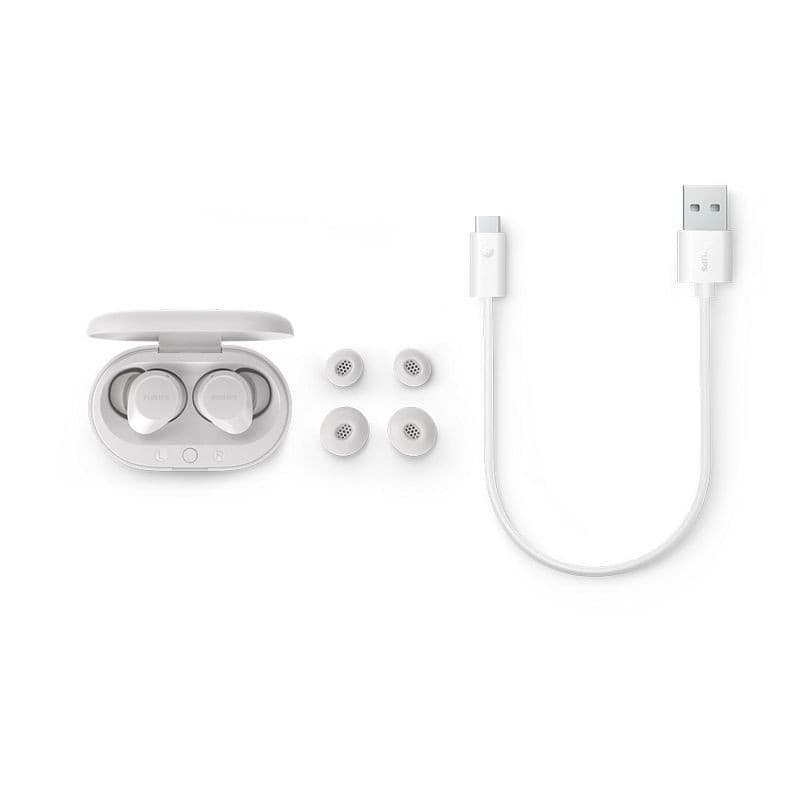 Philips TAT1209WT/00 Blanco – estuche compacto con auriculares intrauditivos, cuatro almohadillas de repuesto y cable USB‑C, diseño minimalista en blanco