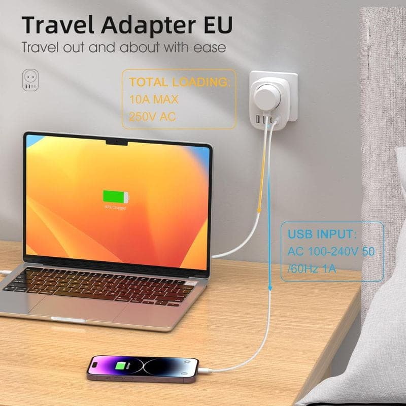 Adaptateur de voyage UK vers EU 2x USB 2x USB-C image réelle