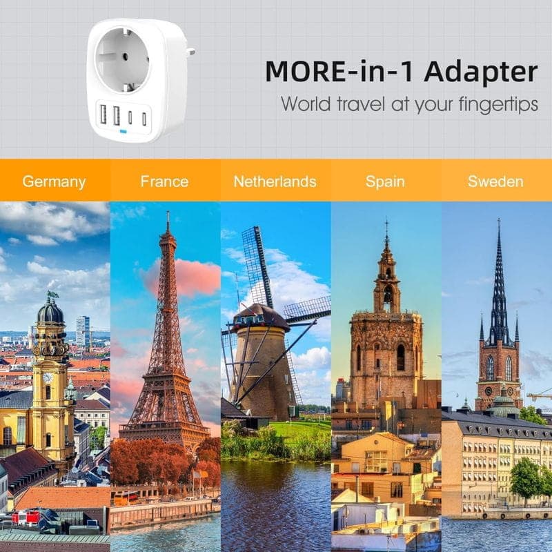 Adaptateur de voyage UK vers EU 2x USB 2x USB-C, compatibilités multiples