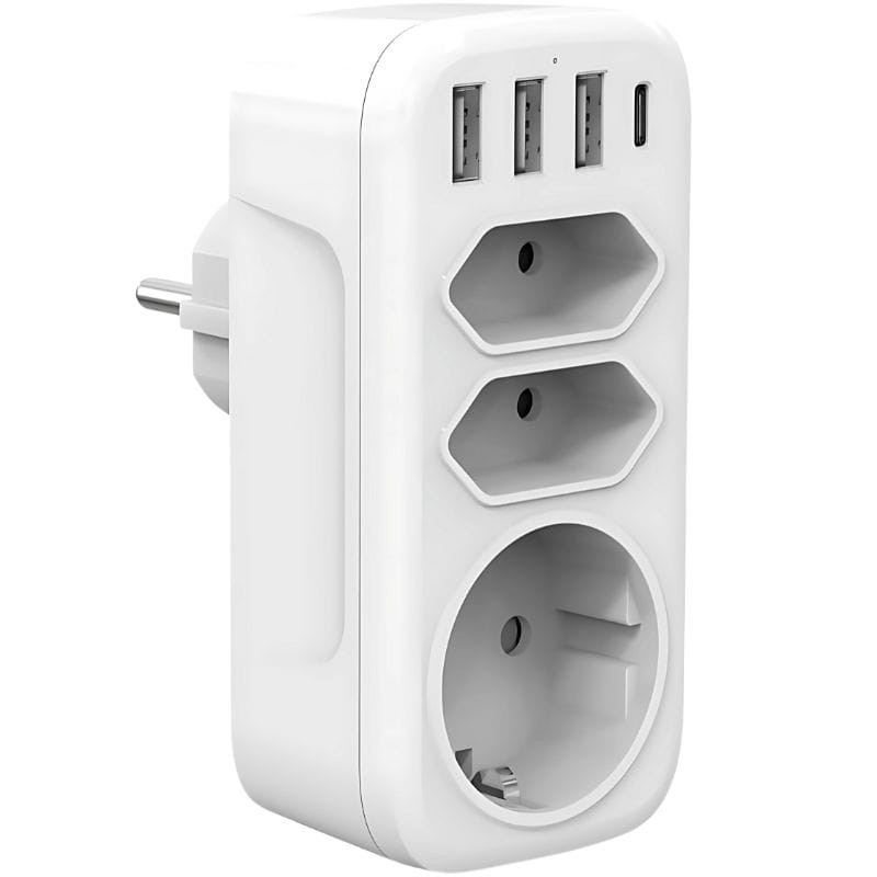 Adaptador de tomadas 4000W 1x Tipo F 2x Tipo C 3x USB-A 1x USB-C - Item