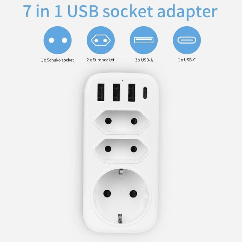 Ladrón de enchufes 4000W 1x Tipo F 2x Tipo C 3x USB-A 1x USB-C 7 en 1