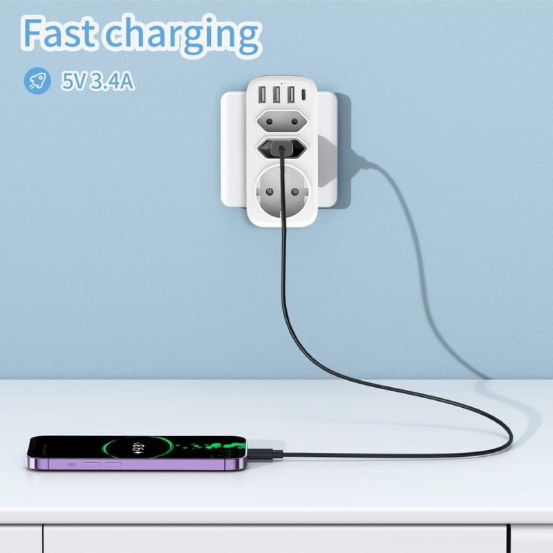 Adaptador de tomadas 4000W 1x Tipo F 2x Tipo C 3x USB-A 1x USB-C - Item4