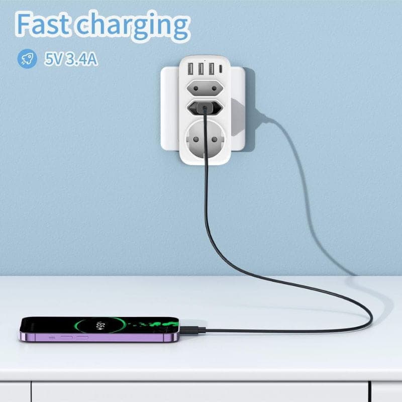 Ladrón de enchufes 4000W 1x Tipo F 2x Tipo C 3x USB-A 1x USB-C carga rápida