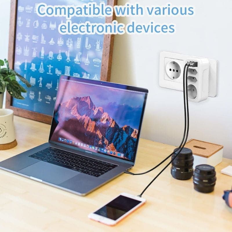 Ladrón de enchufes 4000W 1x Tipo F 2x Tipo C 3x USB-A 1x USB-C carga en simultáneo
