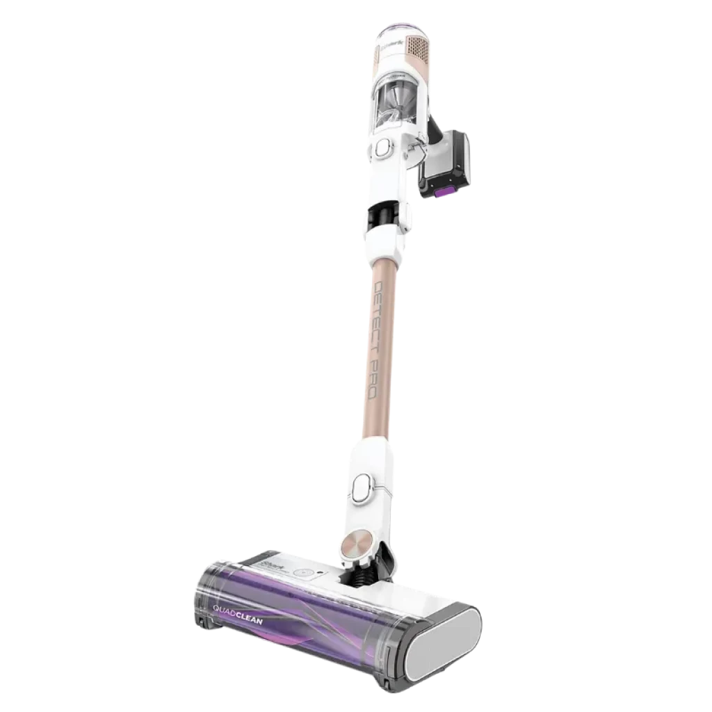 Aspiradora sin cables Shark IW3611DE con filtro HEPA, diseño vertical blanco con base de carga, depósito transparente y cepillo motorizado púrpura - Ítem1