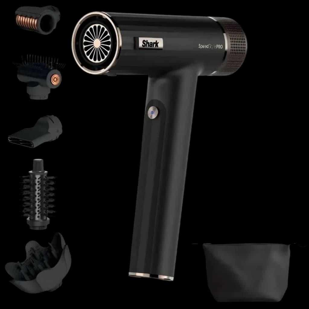 Shark SpeedStyle Pro 5 têtes noir mat, sèche‑cheveux compact en T avec grille turbine, 5 embouts coiffants interchangeables et pochette de rangement
