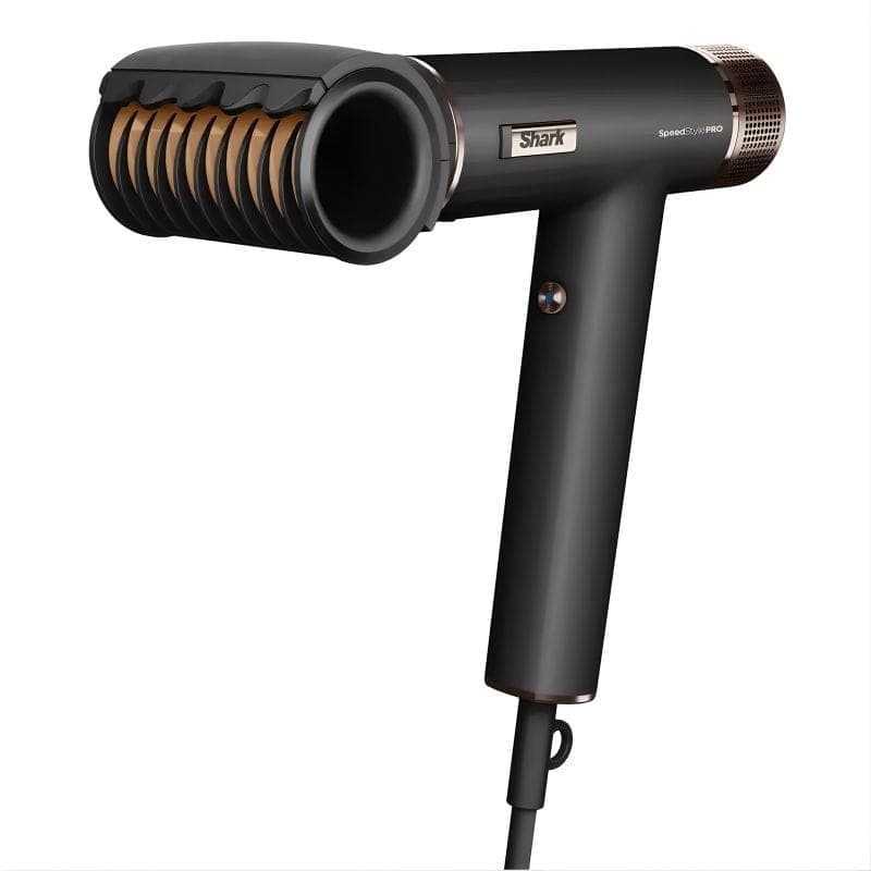 Shark SpeedStyle Pro 5 têtes, sèche‑cheveux noir mat en L avec buse cylindrique et peigne doré, finition cuivre, câble inférieur, design compact et