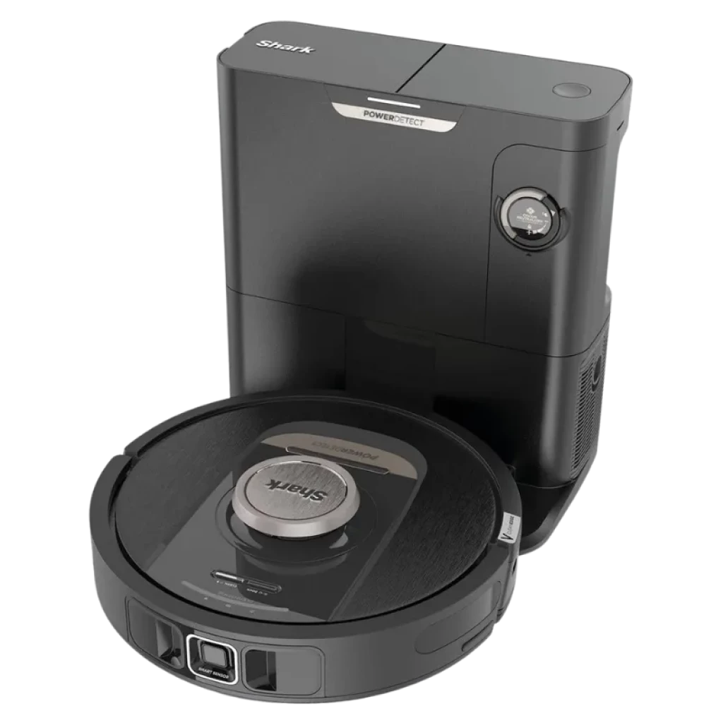 Sharkclean PowerDetect RV2820VEEU preto com base de carregamento; design circular, acabamento mate, sensores frontais e tampa central metálica - Item1