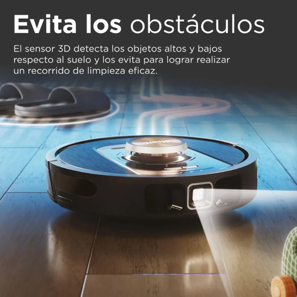 Sharkclean PowerDetect RV2820VEEU preto com base de carregamento; design circular, acabamento mate, sensores frontais e tampa central metálica - Item3