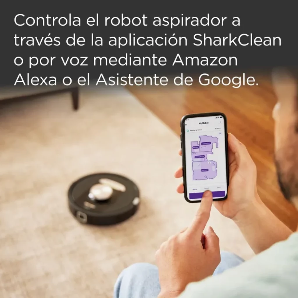 Sharkclean PowerDetect RV2820VEEU preto com base de carregamento; design circular, acabamento mate, sensores frontais e tampa central metálica - Item8