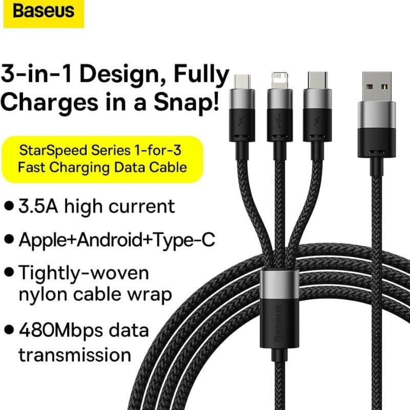Baseus StarSpeed ​​​​​​Series Blue - Cabo USB 3 em 1 USB-C/Micro/Lightning Características