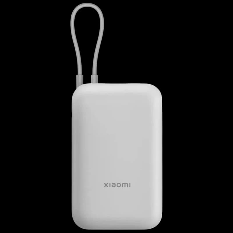 Xiaomi Power Bank 20000mAh Cable Integrado Gris, batería portátil gris con bordes redondeados, logotipo frontal y cable integrado con lazo superior