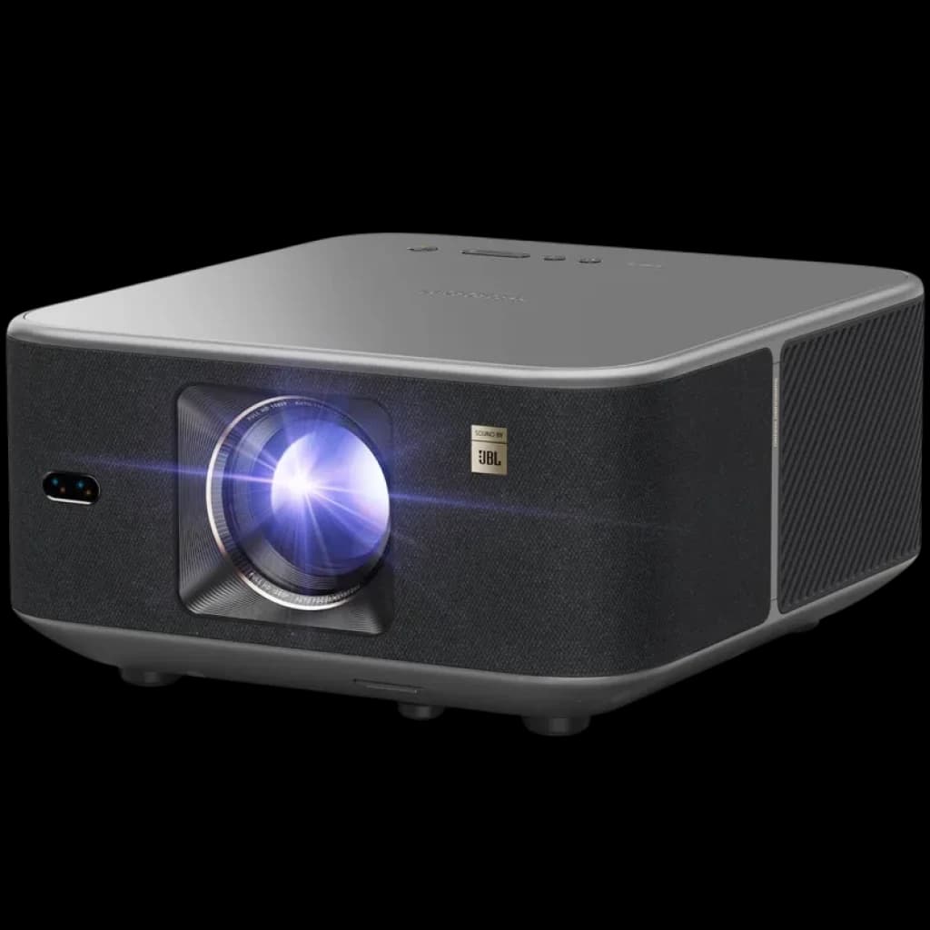 Proyector Yaber K3 Pro 1080P con lente frontal iluminada, cuerpo gris compacto, rejillas laterales y logo JBL en el panel, diseño moderno y robusto