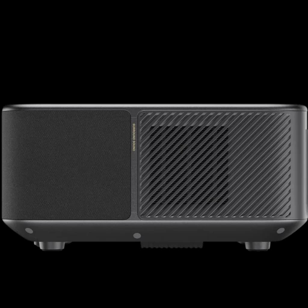 Vista lateral del Yaber K3 Pro en negro, panel con rejilla diagonal, altavoz JBL frontal con subwoofer integrado y patas de apoyo ajustables