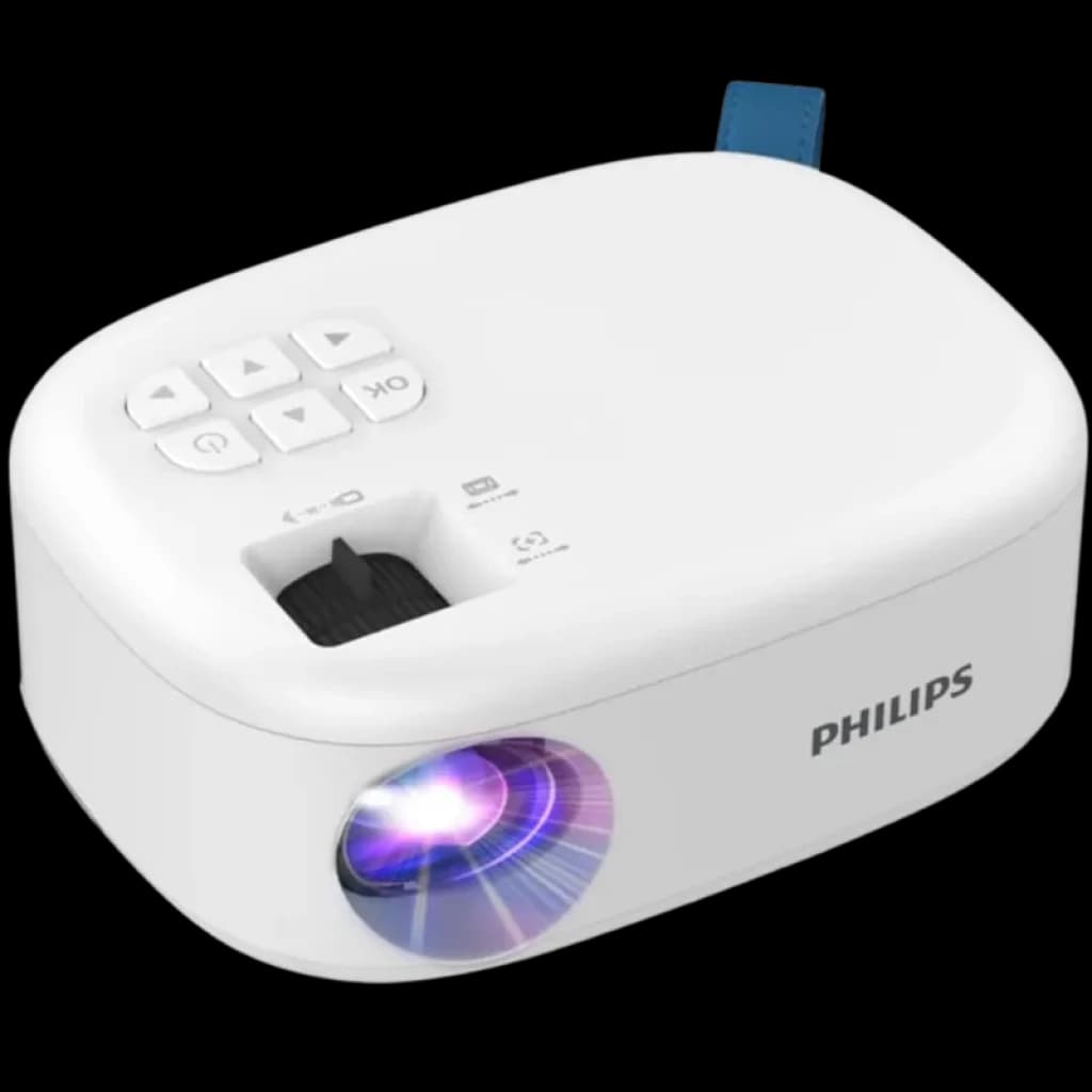 Projecteur compact blanc Philips NeoPix NPX113 720p LED avec objectif avant lumineux, commandes supérieures, molette de focus, connectiques Wi‑Fi HDMI USB