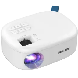 Projecteur compact blanc Philips NeoPix NPX113 720p LED avec objectif avant lumineux, commandes supérieures, molette de focus, connectiques Wi‑Fi HDMI USB