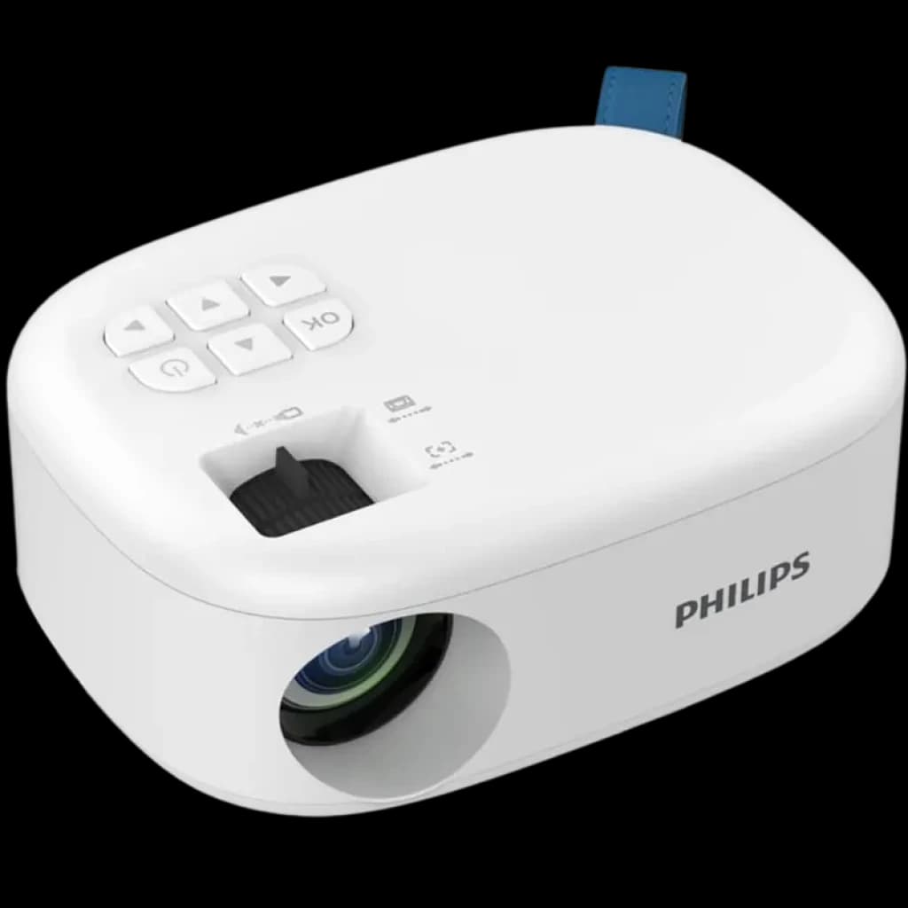 Projecteur Philips NeoPix NPX113 compact blanc, lentille frontale, molette de mise au point, boutons de contrôle supérieurs, logo latéral, sangle bleue
