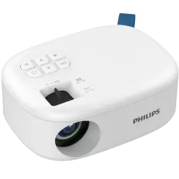 Projecteur Philips NeoPix NPX113 compact blanc, lentille frontale, molette de mise au point, boutons de contrôle supérieurs, logo latéral, sangle bleue