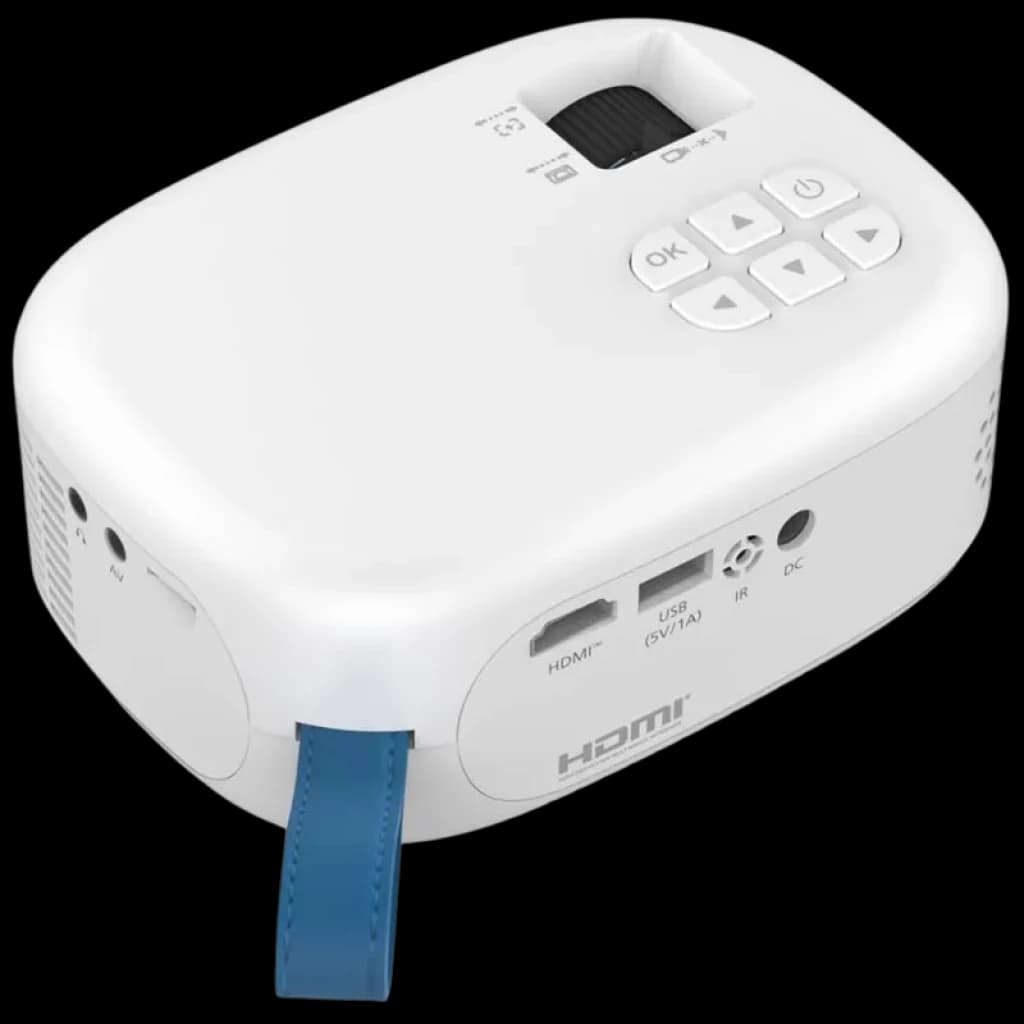 Projecteur Philips NeoPix NPX113 blanc compact, surface mate, commandes tactiles OK flèches, objectif protégé, ports HDMI USB IR DC, sangle bleue latérale
