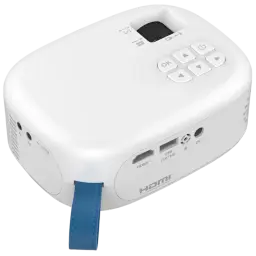 Projecteur Philips NeoPix NPX113 blanc compact, surface mate, commandes tactiles OK flèches, objectif protégé, ports HDMI USB IR DC, sangle bleue latérale