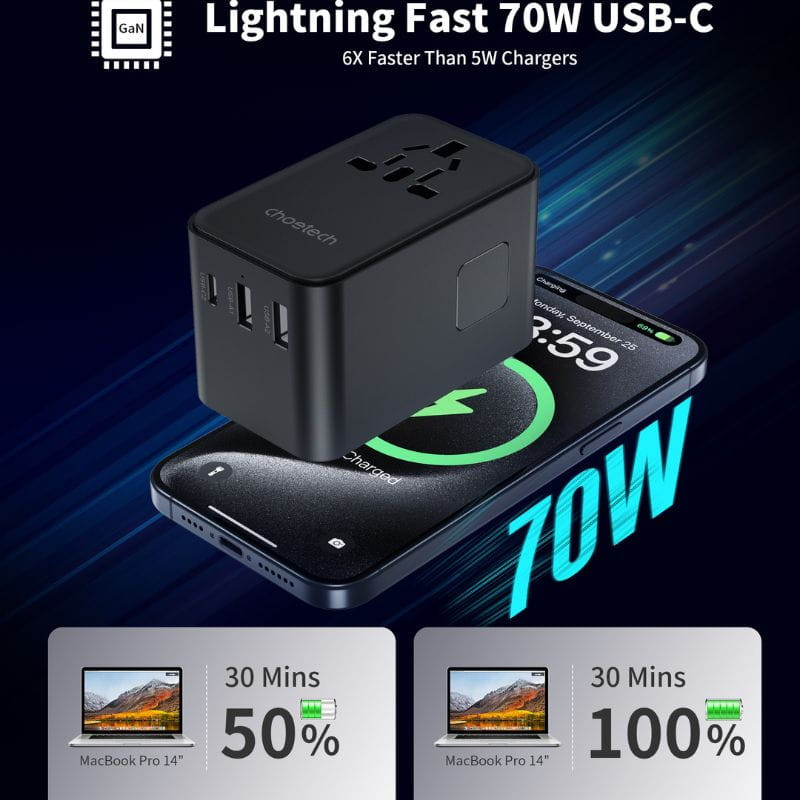  Adaptador de Viaje Choetech 70W con Cable USB-C - Ítem5