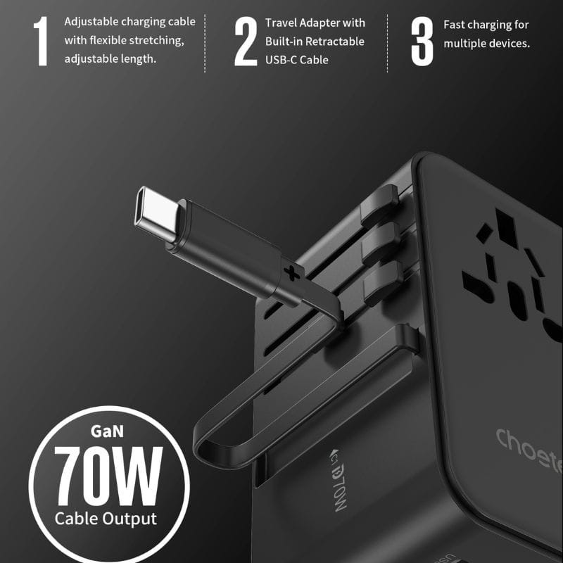  Adaptador de Viaje Choetech 70W con Cable USB-C - Ítem3