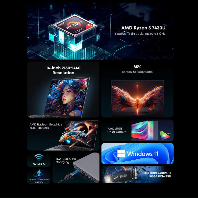 Chuwi CoreBook X AMD R5 7430U/16GB/512GB/W11 14 Gris - Ítem6