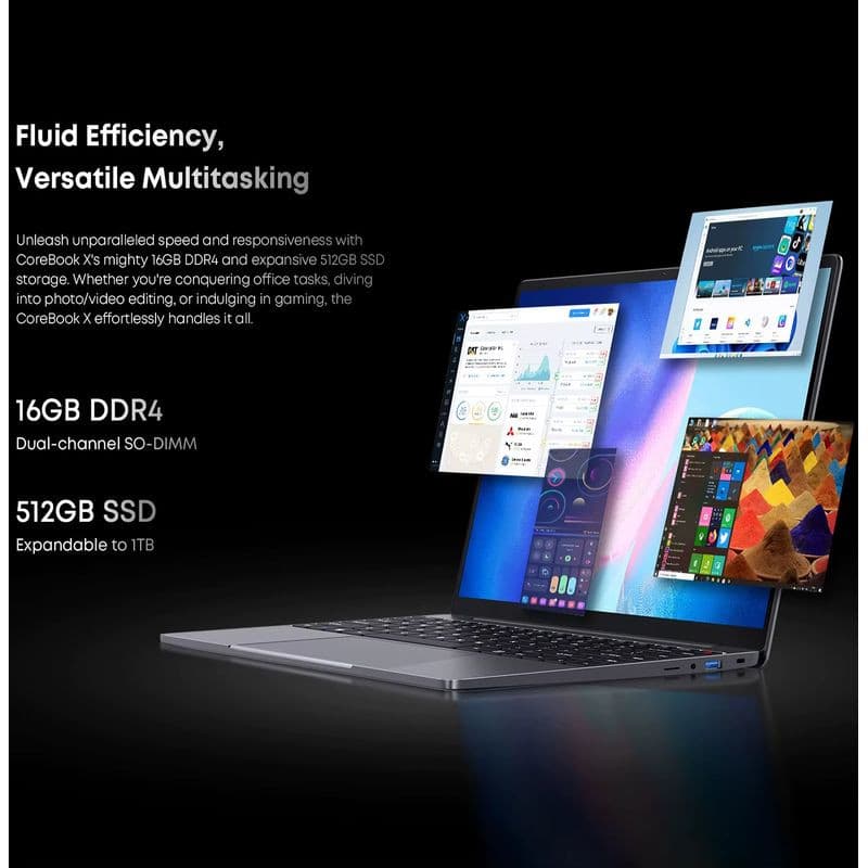 Chuwi CoreBook X AMD R5 5500U com tela 14 pol, teclado retroiluminado e design fino em alumínio; destaca multitarefa com 16GB DDR4 e SSD 512GB