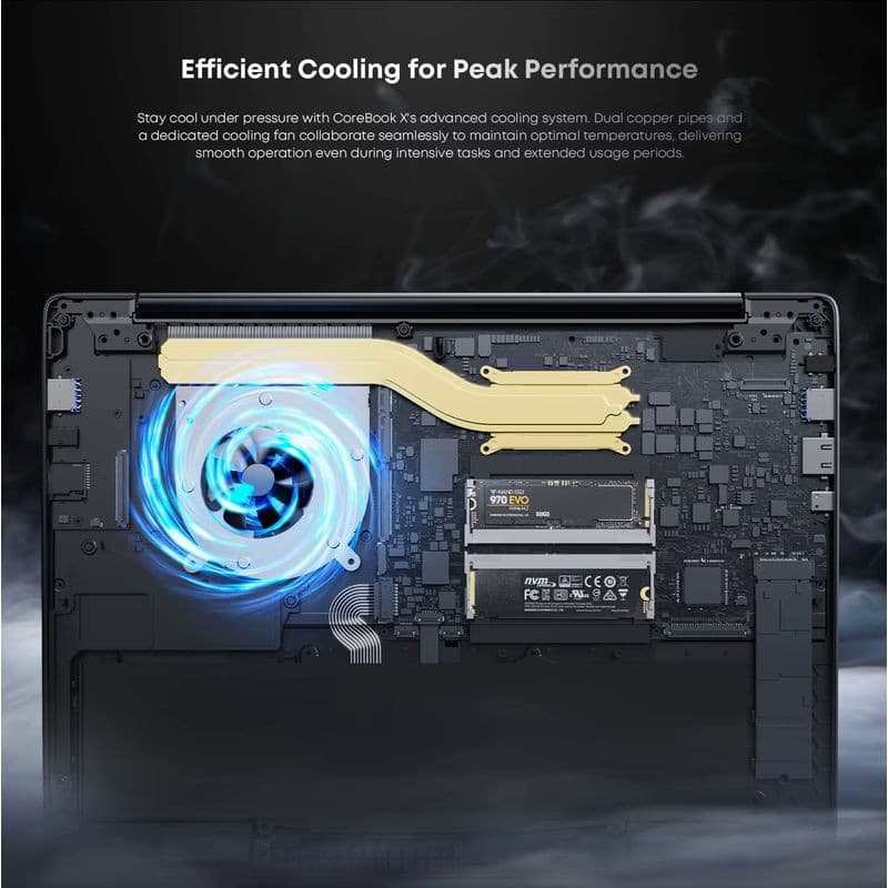 Chuwi CoreBook X AMD R5 5500U com sistema de refrigeração avançado: dupla heatpipe de cobre, ventoinha destacada e SSD NVMe 512GB visível no interior