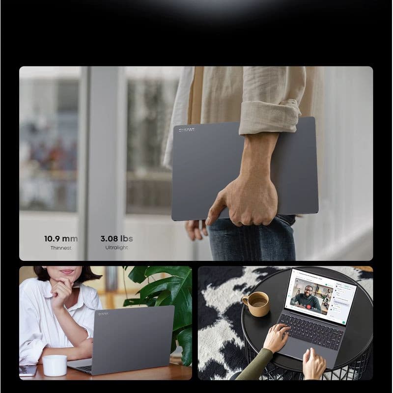 Chuwi CoreBook X 14 fino e leve, corpo cinza, tela ampla com bordas finas, teclado retroiluminado, uso portátil em casa e no trabalho