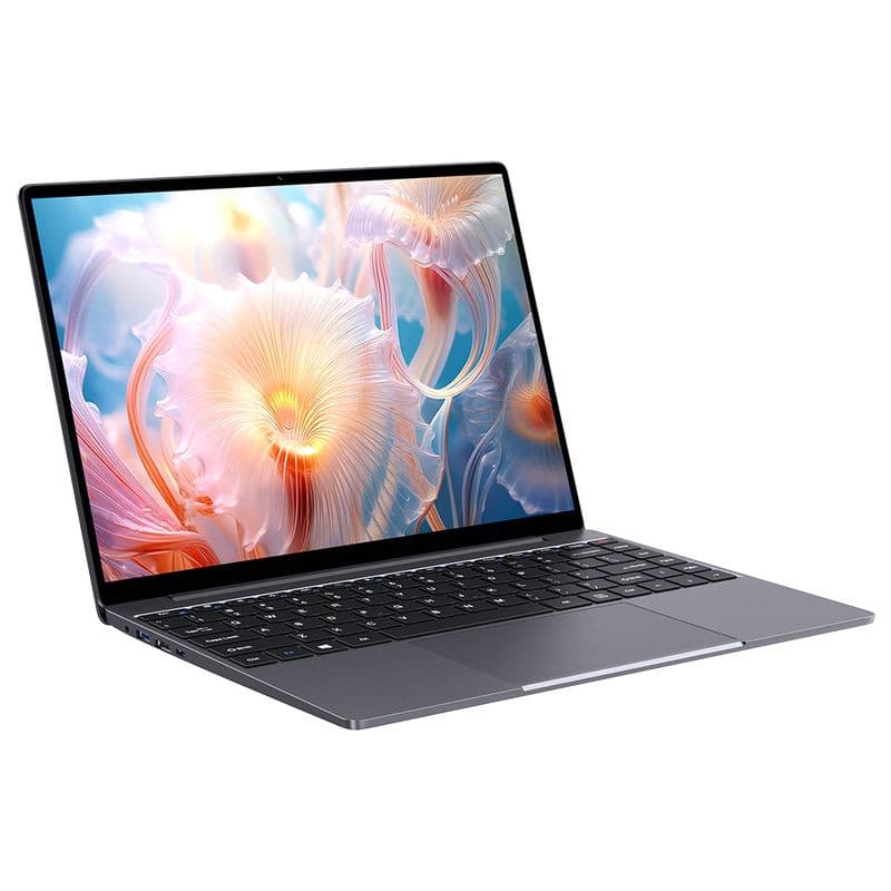 Chuwi CoreBook X AMD R5 5500U com tela 14 polegadas fina, bordas estreitas, corpo metálico cinza e teclado preto; design leve e moderno
