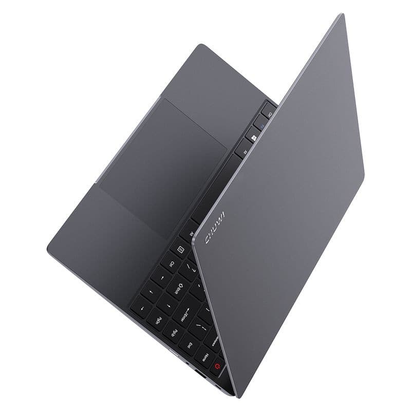 Chuwi CoreBook X fino e leve em cinza, corpo metálico, teclado preto retroiluminado, touchpad amplo, design minimalista com dobradiça discreta