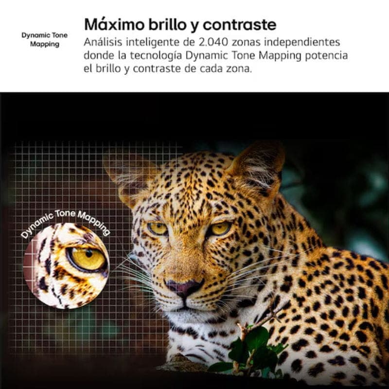 LG 50QNED82A6B 50 pouces 4K QNED affiche un léopard ultra net, couleurs vives et contraste élevé grâce au Dynamic Tone Mapping AI, bords fins et design
