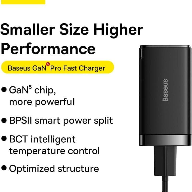 Baseus GaN5 Pro 65W - Cargador de pared 2xUSB-C 1xUSB-A de pequeño tamaño