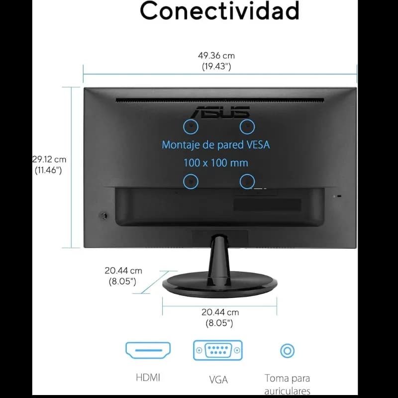 Parte trasera del monitor ASUS VP229HF 22 pulgadas negro, montaje VESA 100x100, entradas HDMI y VGA, salida de auriculares, peana circular