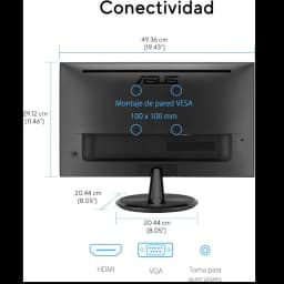 Parte trasera del monitor ASUS VP229HF 22 pulgadas negro, montaje VESA 100x100, entradas HDMI y VGA, salida de auriculares, peana circular