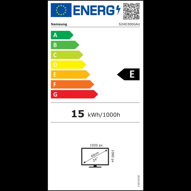 Étiquette énergie pour écran PC Samsung S30GD 24 pouces Full HD IPS 100 Hz noir, classe E, 15 kWh/1000h, résolution 1920x1080, diagonale 60 cm
