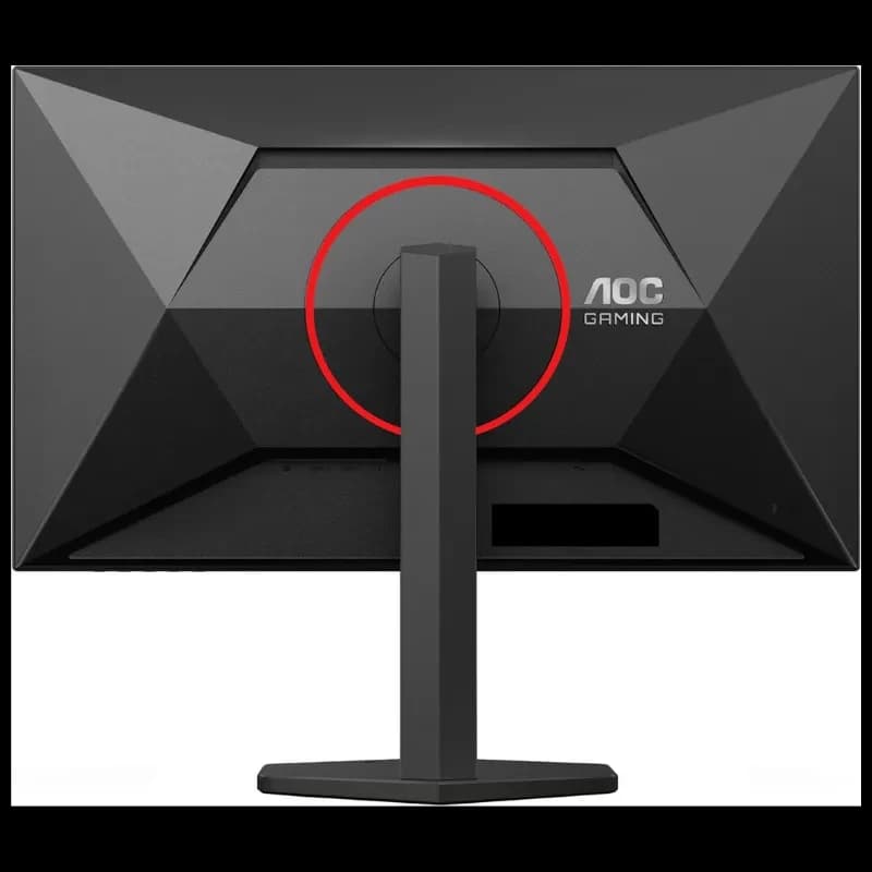 Dos du moniteur AOC 24B35HM2 24 pouces Full HD LED 100 Hz avec anneau rouge, design anguleux noir, pied hexagonal et support VESA Adaptative Sync