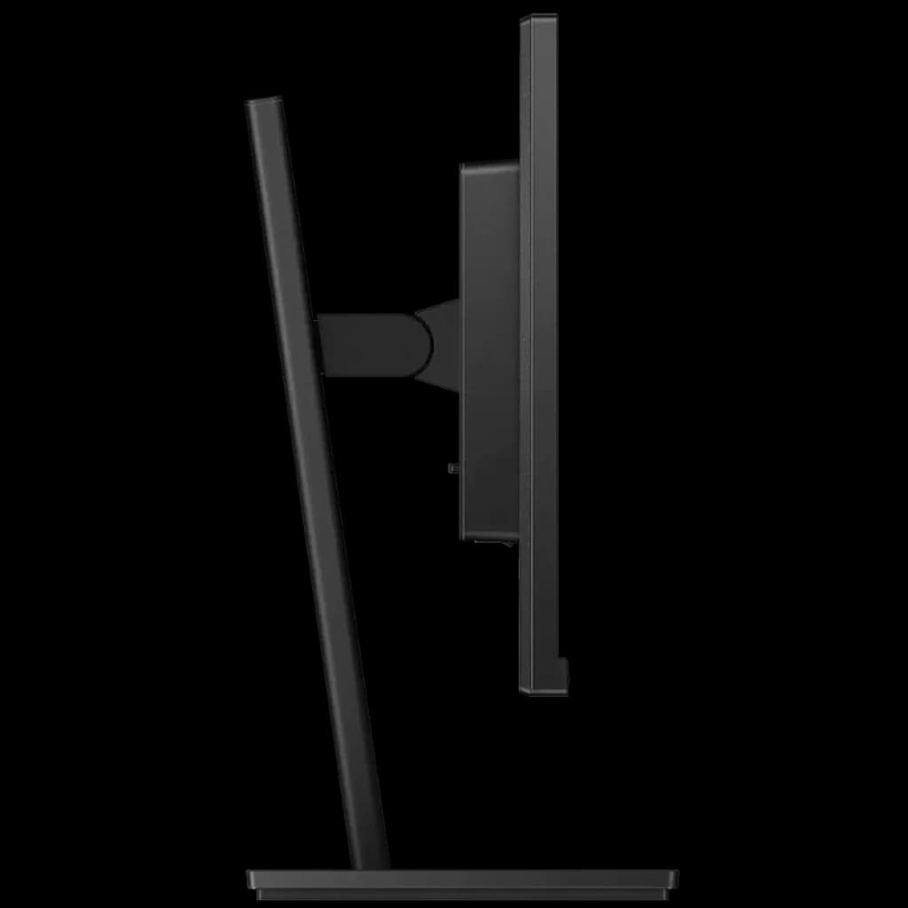 Perfil lateral de monitor IPS negro de 24 pulgadas con biseles finos, grosor delgado y soporte ajustable con base rectangular, acabado mate elegante