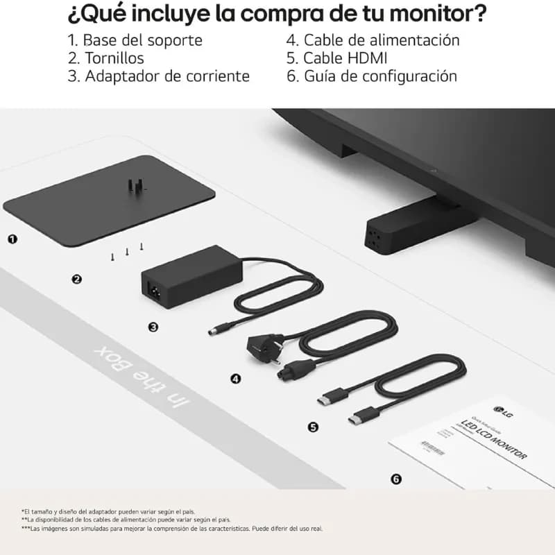 Contenu du coffret LG 32U631A-B: pied avec base, vis, adaptateur secteur, câble d’alimentation, câble HDMI et guide de configuration