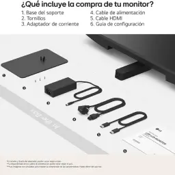 Contenu du coffret LG 32U631A-B: pied avec base, vis, adaptateur secteur, câble d’alimentation, câble HDMI et guide de configuration