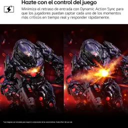 Bannière gaming LG 32U631A-B: robot futuriste en combat, éclats lumineux, comparaison gauche-droite illustrant latence réduite et fluidité à 100 Hz IPS