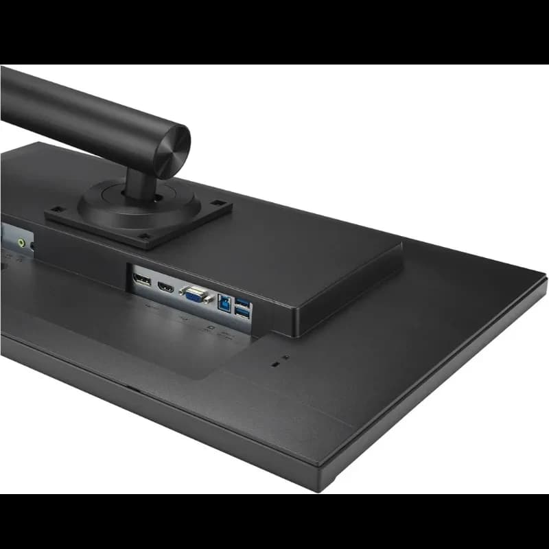 Parte trasera del ASUS VA27DQFS: puertos HDMI, DisplayPort, VGA y USB, acabado negro mate y soporte ajustable, diseño delgado y bordes limpios