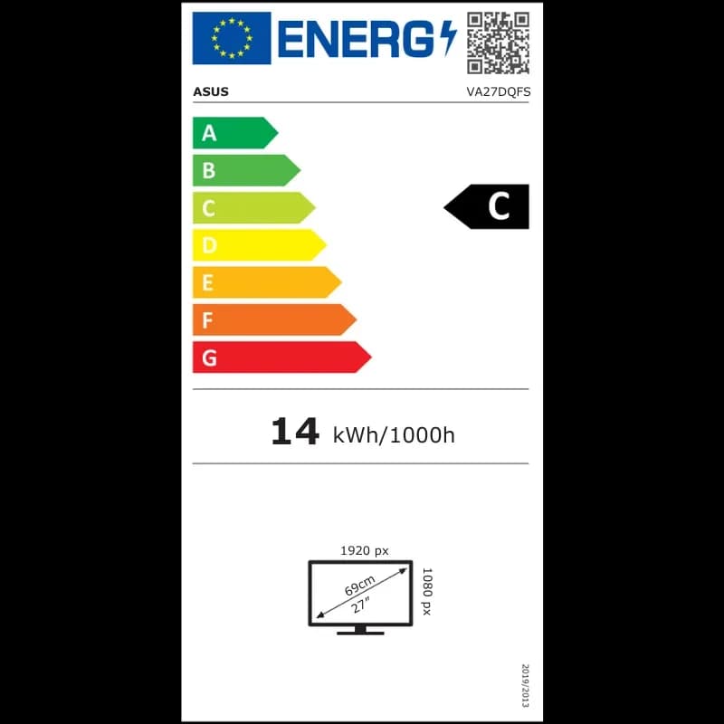 Etiqueta energética del monitor ASUS VA27DQFS: clase C, consumo 14 kWh/1000h, pantalla 27 pulgadas, resolución 1920x1080, frecuencia 100 Hz, color negro