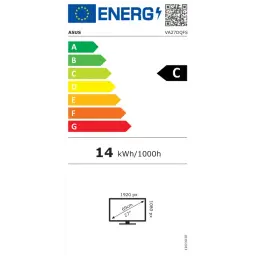 Etiqueta energética del monitor ASUS VA27DQFS: clase C, consumo 14 kWh/1000h, pantalla 27 pulgadas, resolución 1920x1080, frecuencia 100 Hz, color negro