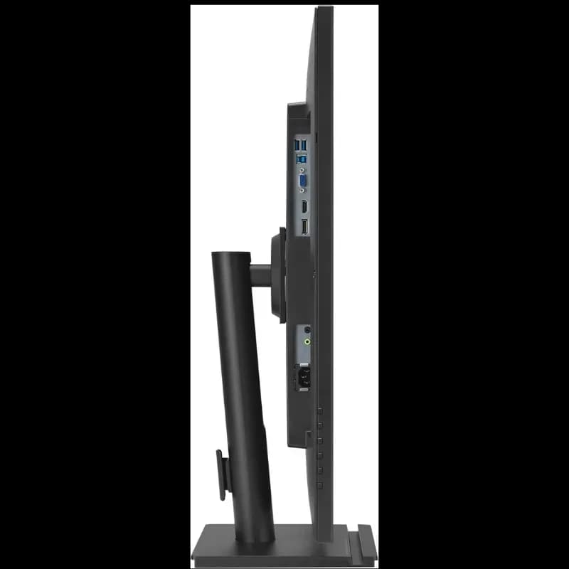 Perfil lateral del ASUS VA27DQFS 27 FHD IPS 100 Hz en negro, biseles finos, soporte ajustable y puertos visibles USB, HDMI y DisplayPort en la parte trasera