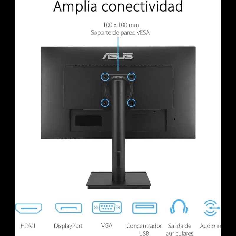 ASUS VA27DQFS 27 pulgadas, panel IPS Full HD 100 Hz, acabado negro. Parte trasera con soporte VESA 100x100, puerto HDMI, DisplayPort, VGA, USB y audio
