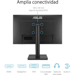 ASUS VA27DQFS 27 pulgadas, panel IPS Full HD 100 Hz, acabado negro. Parte trasera con soporte VESA 100x100, puerto HDMI, DisplayPort, VGA, USB y audio