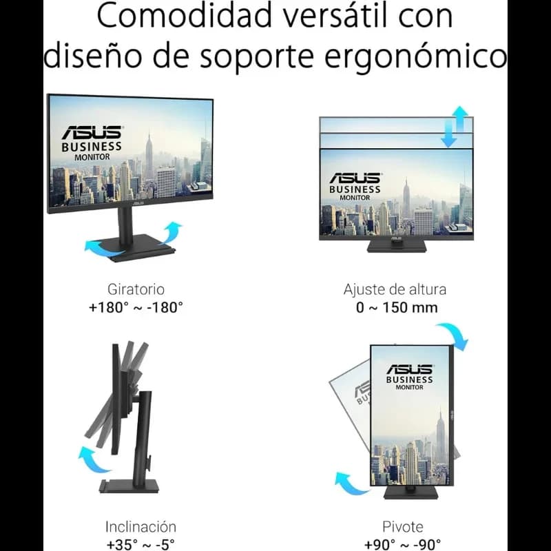 Monitor ASUS VA27DQFS 27 pulgadas, panel IPS Full HD, 100 Hz. Soporte ergonómico con giro 180°, pivote 90°, inclinación y ajuste de altura 0–150 mm.